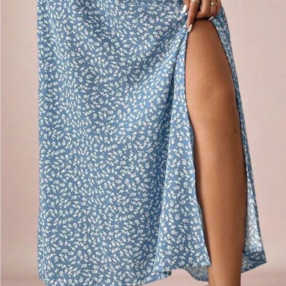 Floral Blue Midi Skirt with Slit